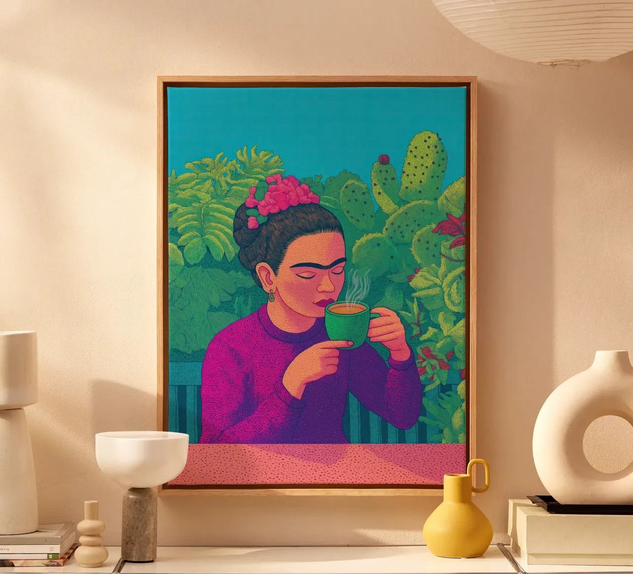 🎨 Frida Kahlo e il caffè - Stampa d'arte botanica messicana sul caffè tela con Cornice a cassetta da Kaji