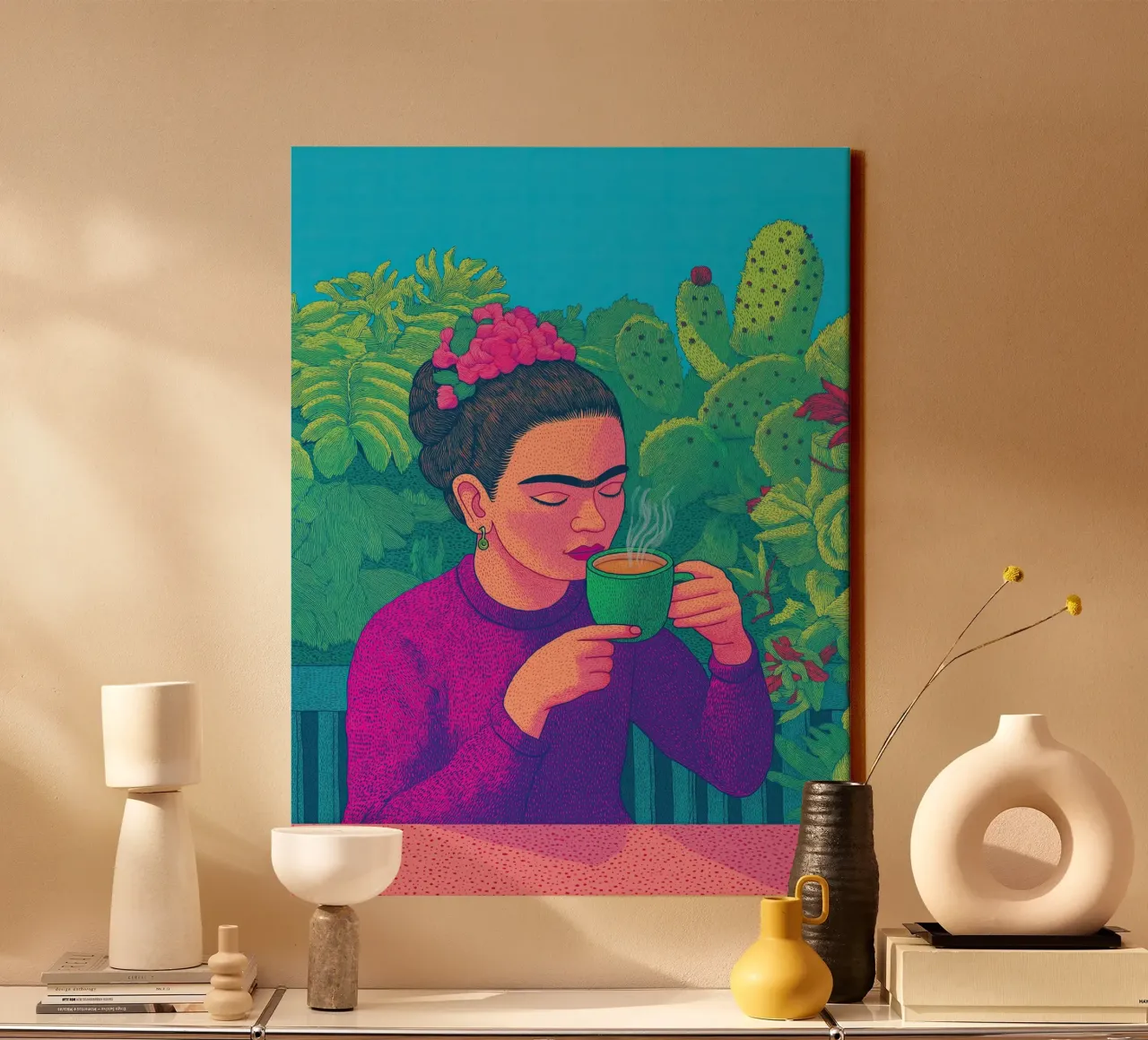 🎨 Frida Kahlo e il caffè - Stampa d'arte botanica messicana sul caffè tela con Cornice a cassetta da Kaji
