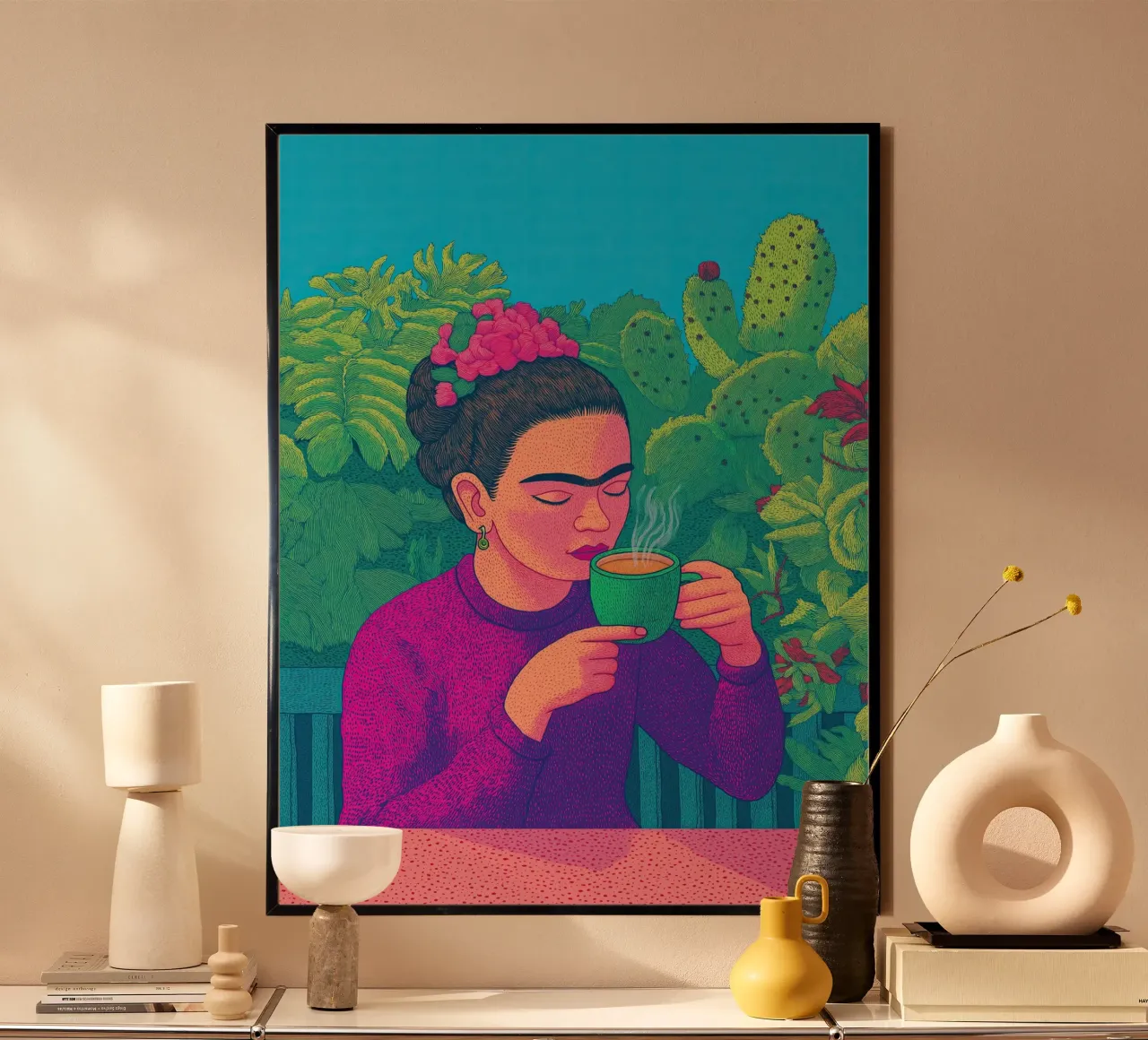 🎨 Frida Kahlo e il caffè - Stampa d'arte botanica messicana sul caffè poster con telaio in legno da Kaji