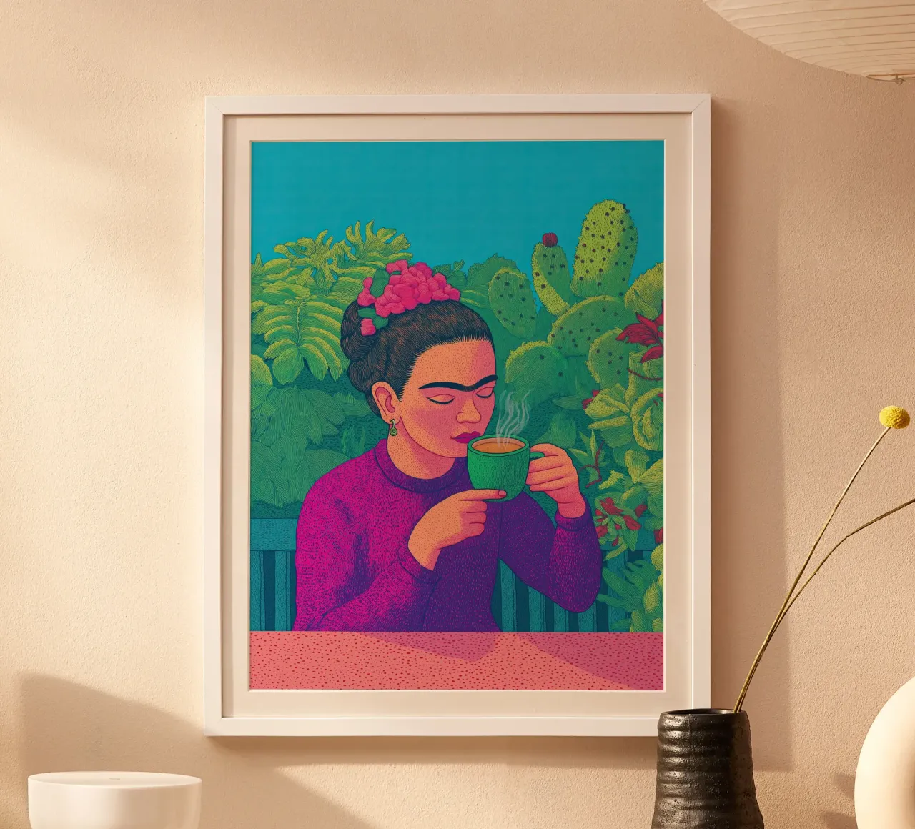 🎨 Frida Kahlo e il caffè - Stampa d'arte botanica messicana sul caffè poster con telaio in legno da Kaji