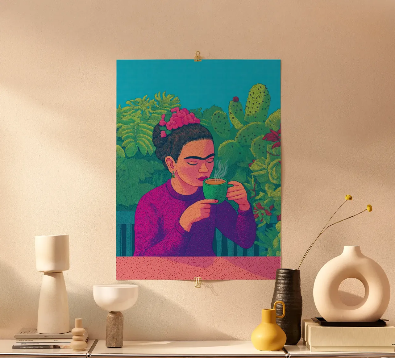 🎨 Frida Kahlo e il caffè - Stampa d'arte botanica messicana sul caffè poster con telaio in legno da Kaji