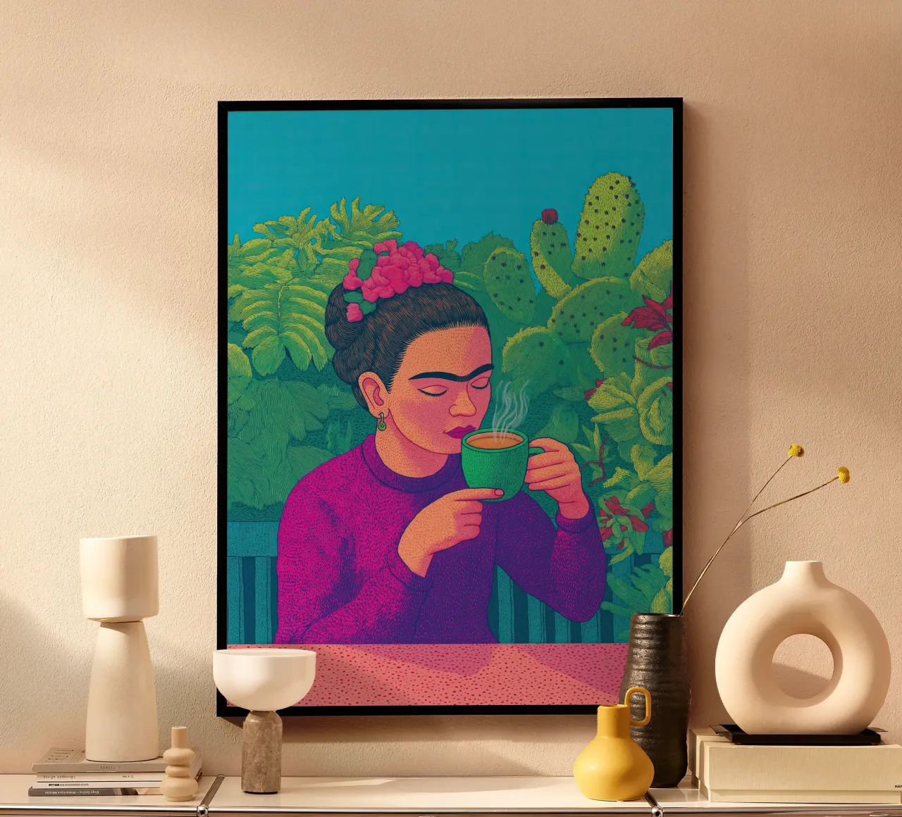 🎨 Frida Kahlo e il caffè - Stampa d'arte botanica messicana sul caffè poster con telaio in legno da Kaji