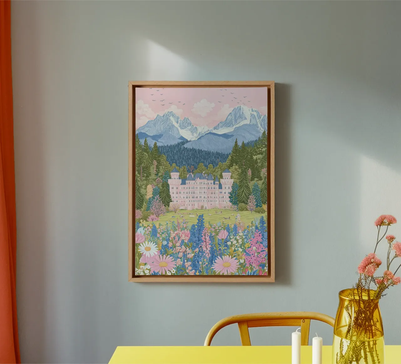 Póster de viaje, Impresión de flores, Castillo en Mountain Art lienzo con Marco flotante de Gaia