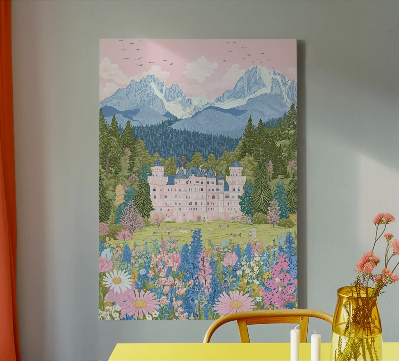 Póster de viaje, Impresión de flores, Castillo en Mountain Art lienzo con Marco flotante de Gaia