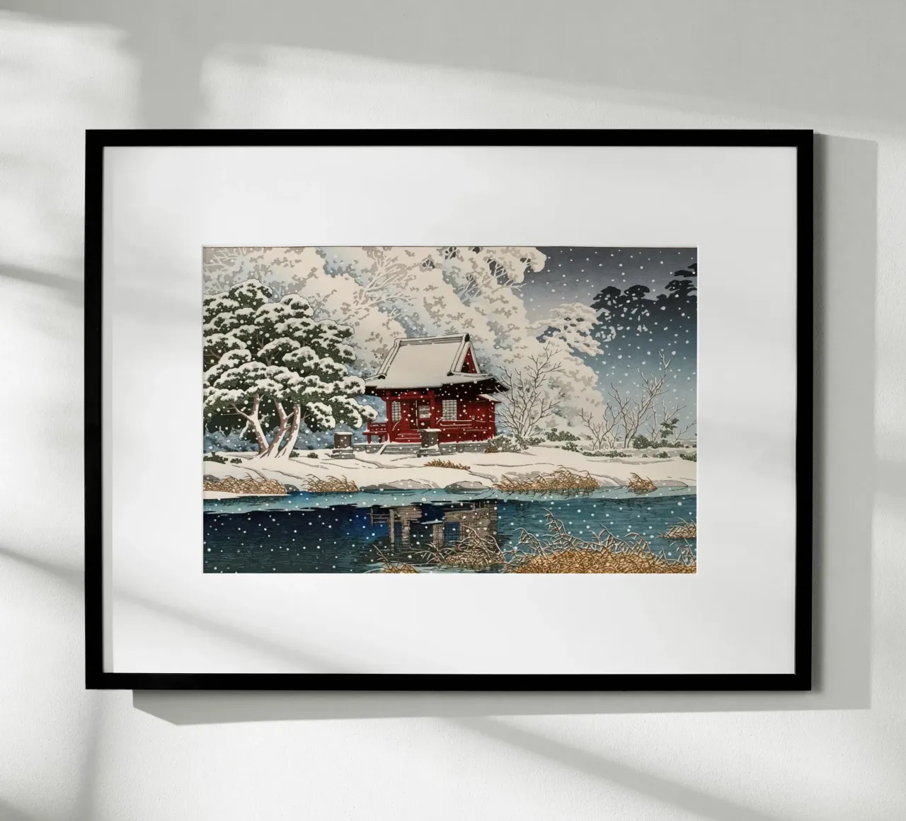 Ukiyo-e: paesaggio, Neve all'ingresso del santuario Benten, Hasui poster con telaio in legno da Aesthetic Muse