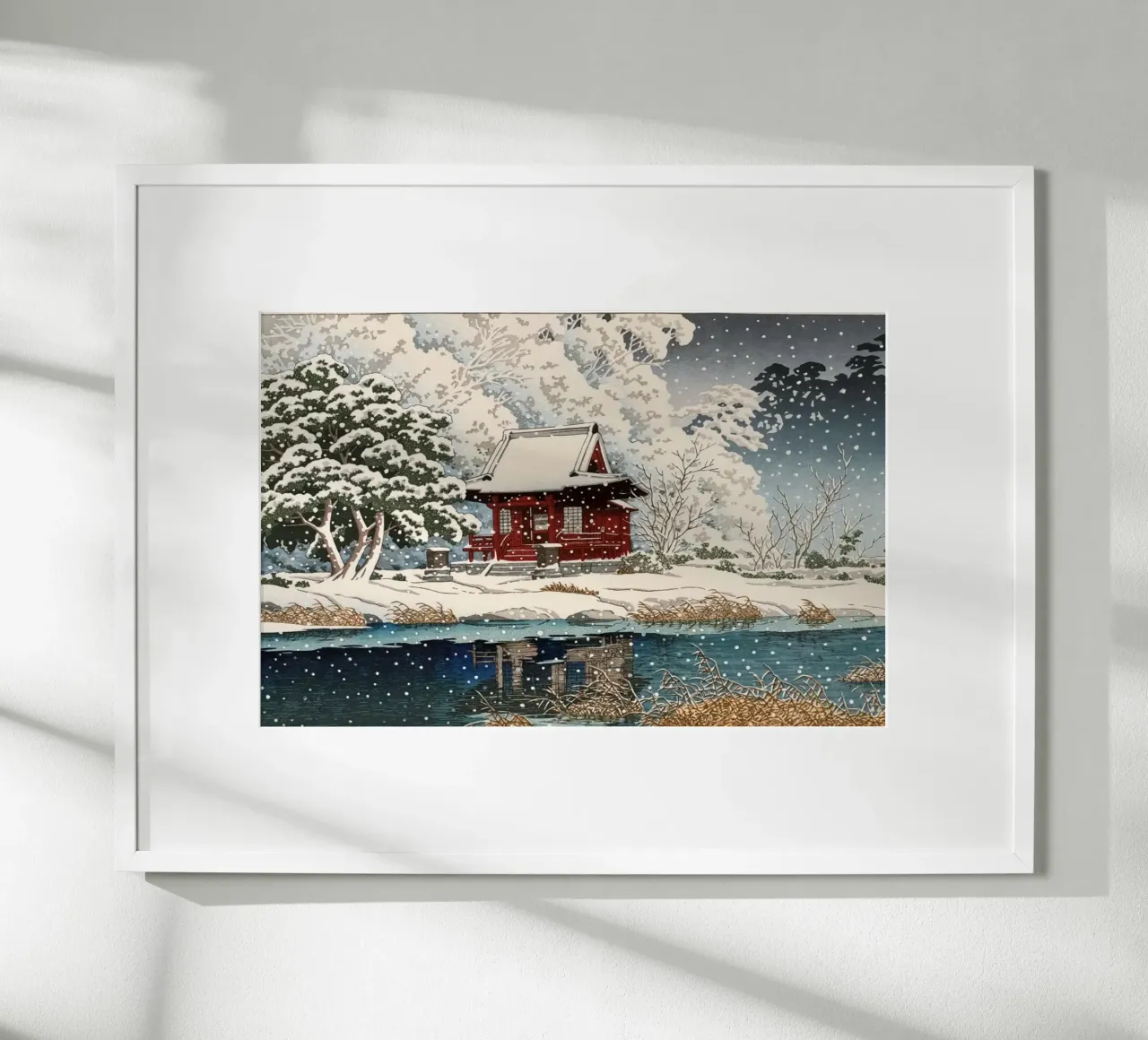 Ukiyo-e: paesaggio, Neve all'ingresso del santuario Benten, Hasui poster con telaio in legno da Aesthetic Muse