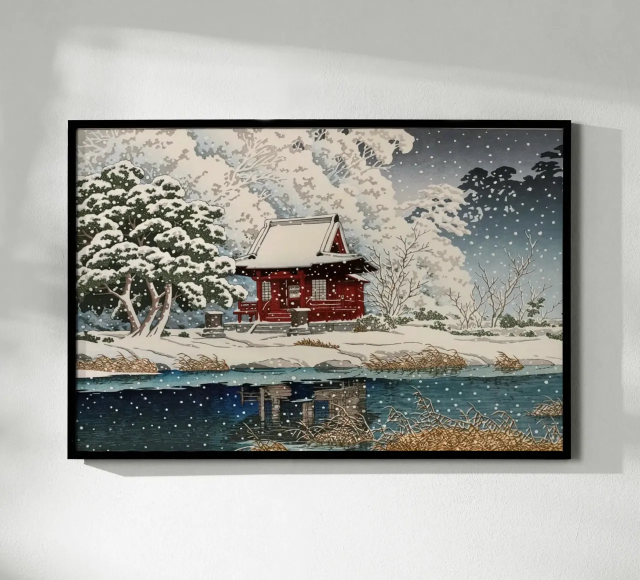 Ukiyo-e: paesaggio, Neve all'ingresso del santuario Benten, Hasui poster con telaio in legno da Aesthetic Muse