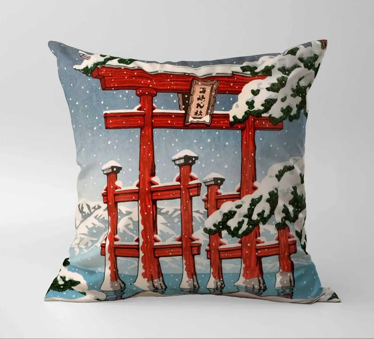 Ukiyo-e: Paesaggio giapponese, Miyajima innevata, Hasui cuscino da Aesthetic Muse