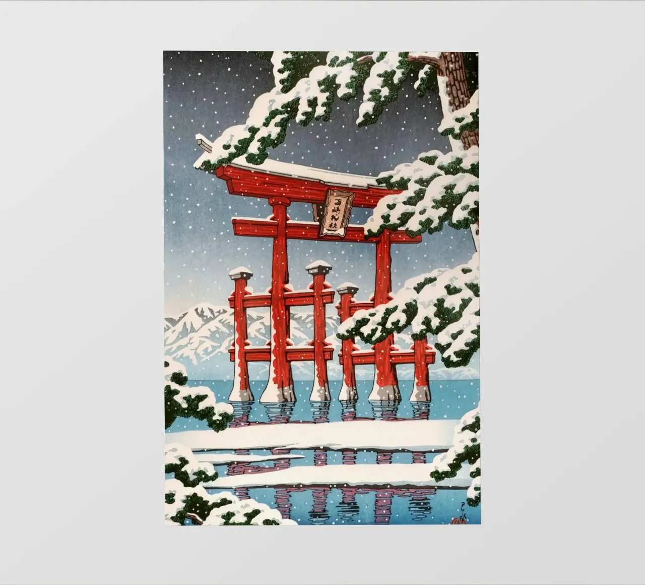 Ukiyo-e: Paesaggio giapponese, Miyajima innevata, Hasui pellicola backlit da Aesthetic Muse