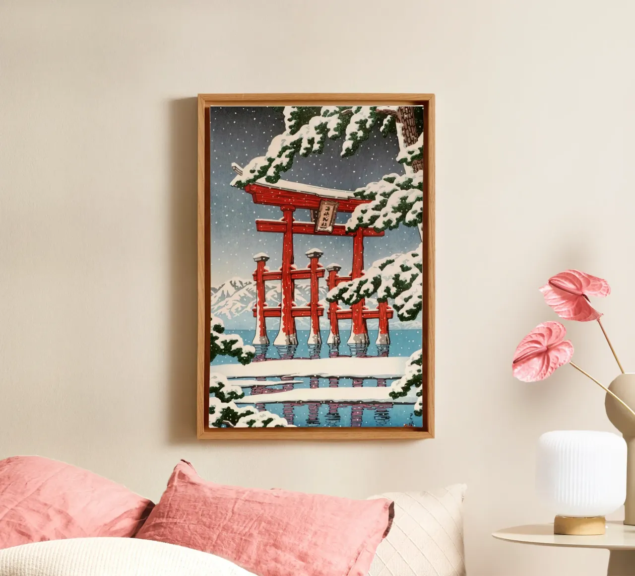 Ukiyo-e: Japans landschap, Miyajima in sneeuw, Hasui canvas met Baklijst van Aesthetic Muse