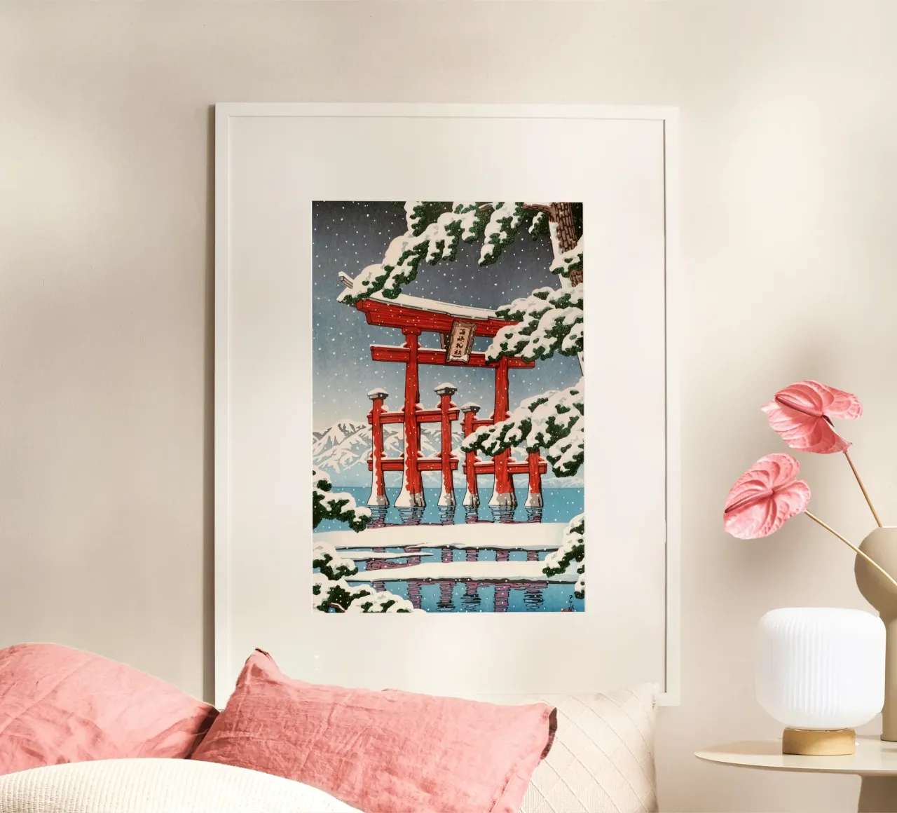 Ukiyo-e: Japans landschap, Miyajima in sneeuw, Hasui poster met houten frame van Aesthetic Muse