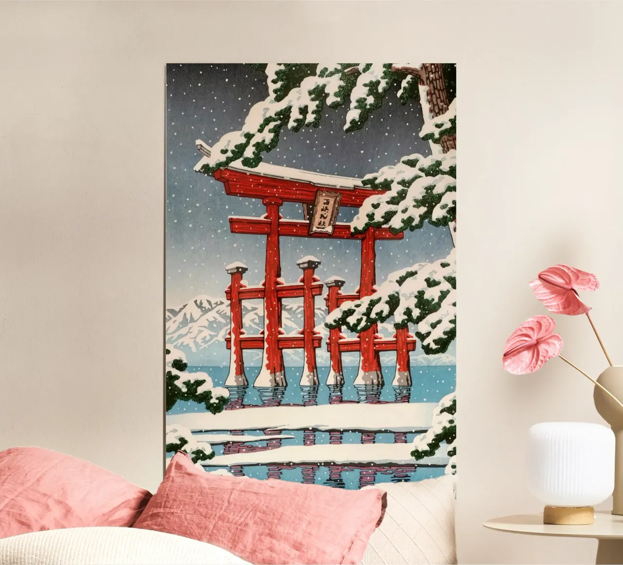 Ukiyo-e: Japans landschap, Miyajima in sneeuw, Hasui poster met houten frame van Aesthetic Muse