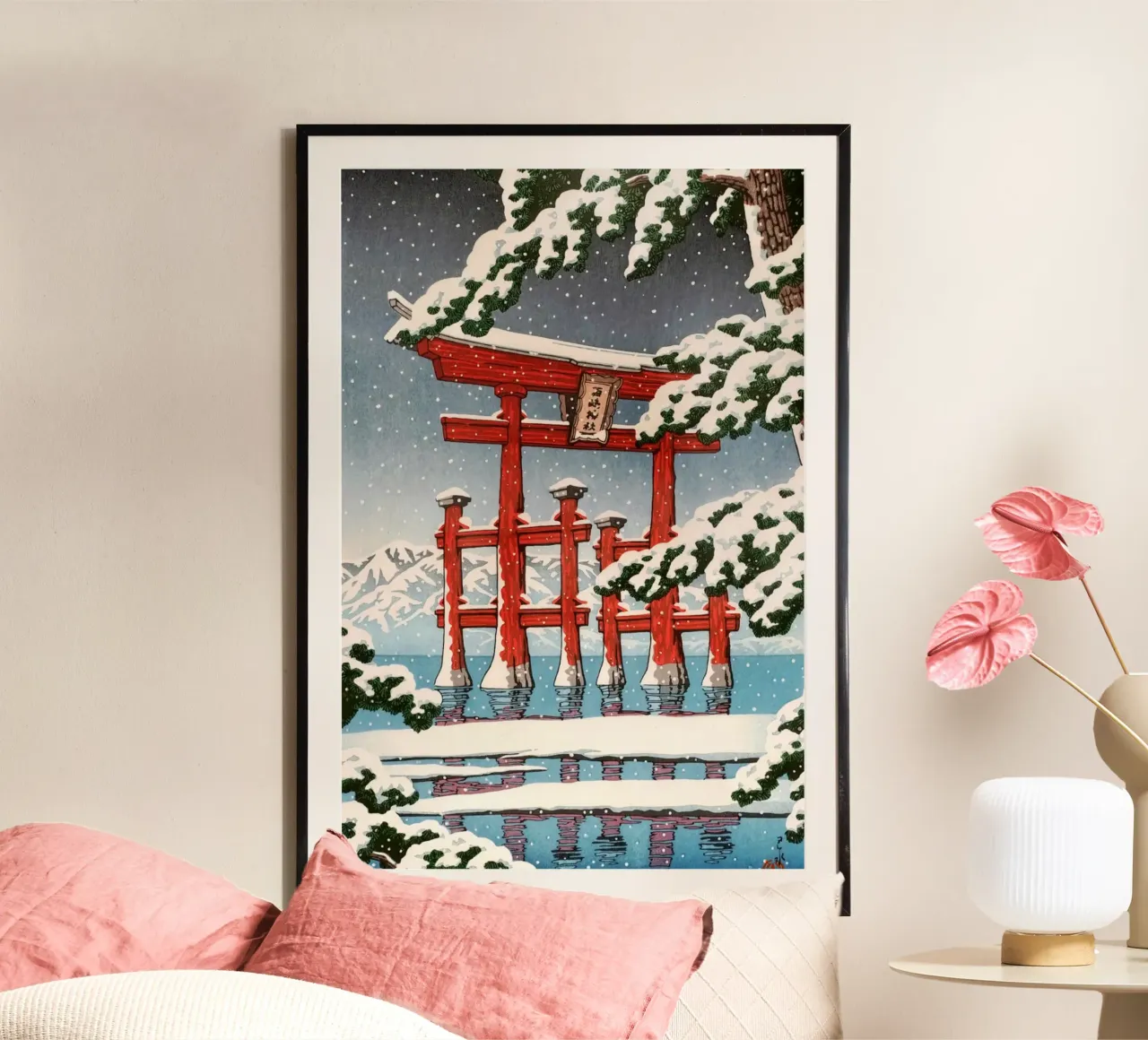 Ukiyo-e: Japans landschap, Miyajima in sneeuw, Hasui poster met houten frame van Aesthetic Muse