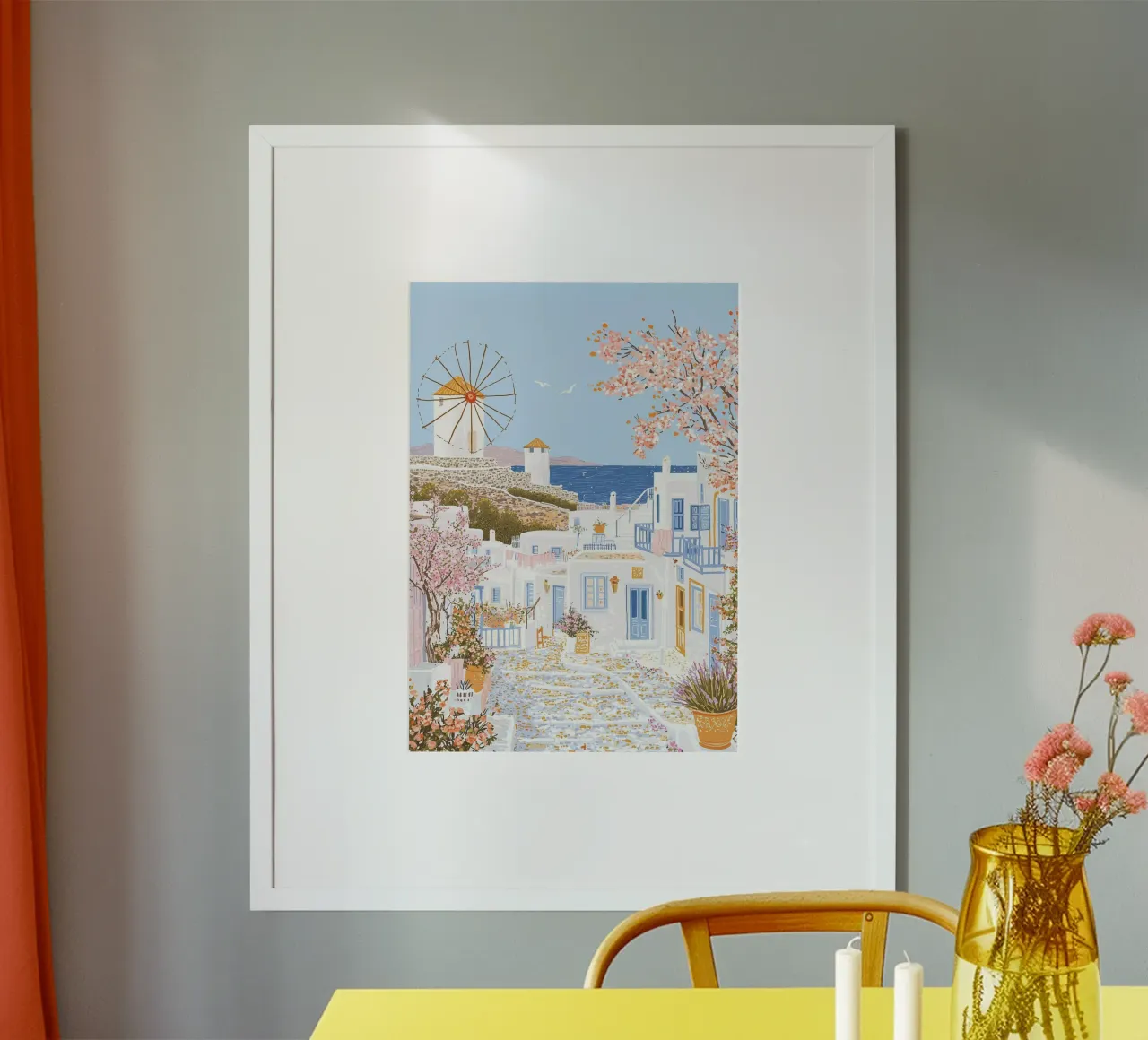 Poster Mykonos Grecia, Mercato dei fiori, Isole greche poster con telaio in alluminio da Gaia