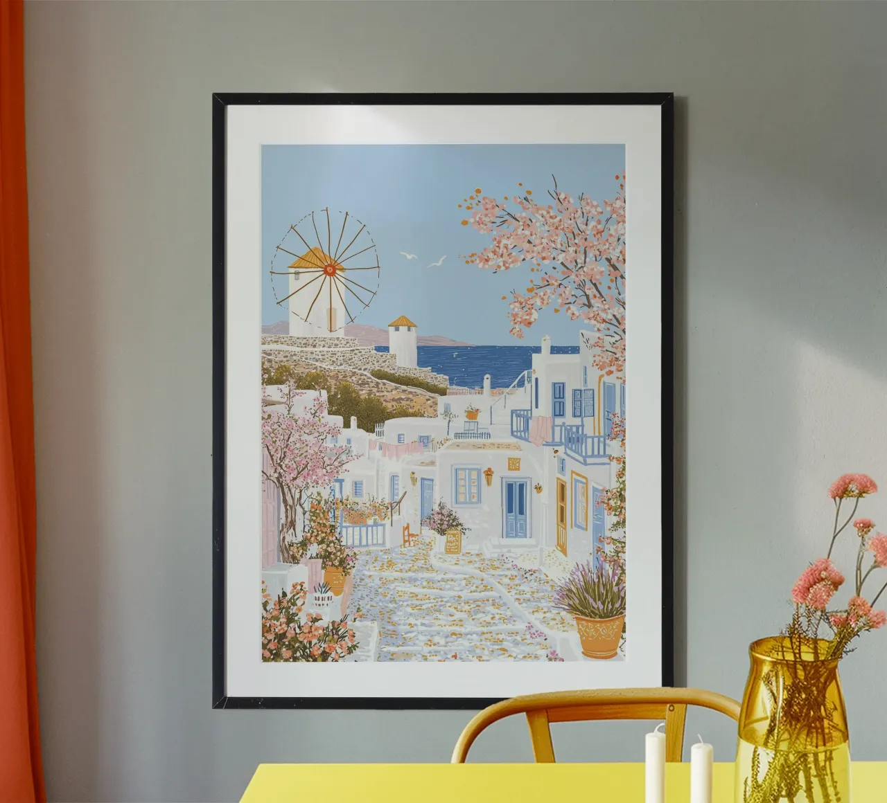 Poster Mykonos Grecia, Mercato dei fiori, Isole greche poster con telaio in alluminio da Gaia