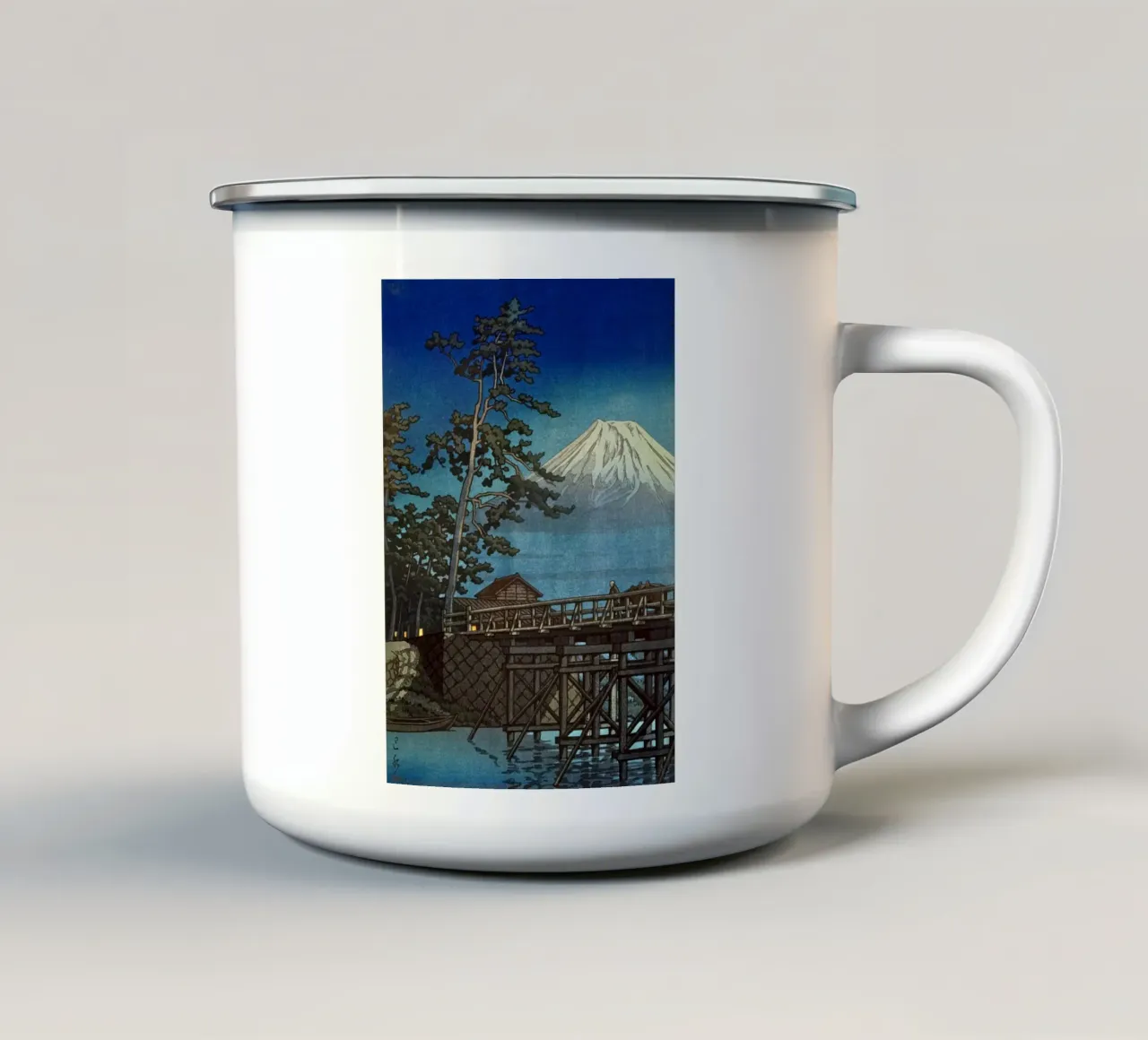 Ukiyo-e: Mt. Fuji bij maanlicht, Kawaibashi brug, Hasui emaille mok van Aesthetic Muse