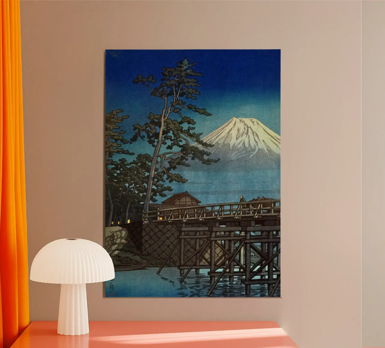 Ukiyo-e: Il monte Fuji al chiaro di luna, ponte Kawaibashi, Hasui poster con telaio in alluminio da Aesthetic Muse