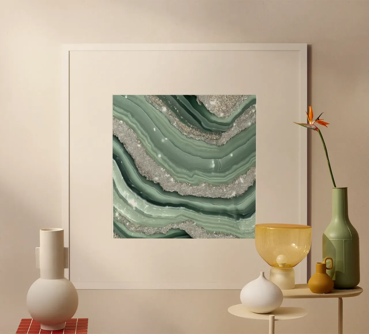 Glam Sage Vert Texture Agate poster avec cadre en bois de Gemstone Textures