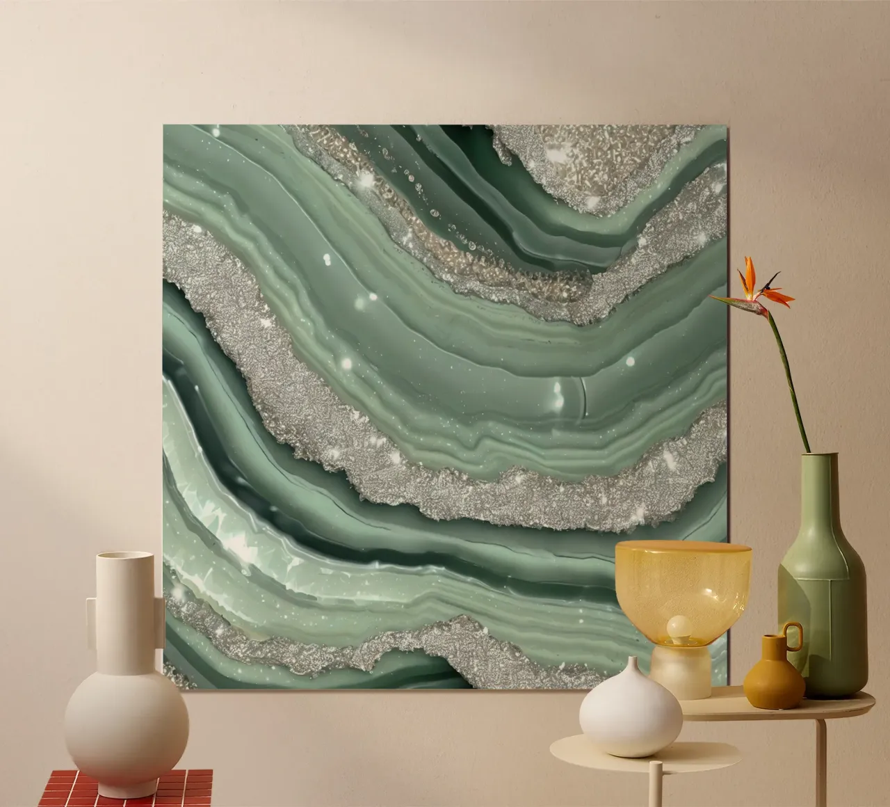 Glam Sage Vert Texture Agate poster avec cadre en bois de Gemstone Textures