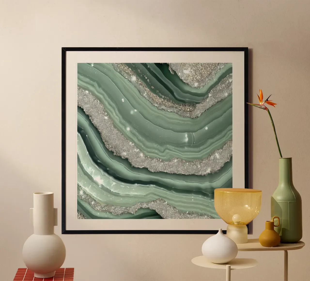Glam Sage Vert Texture Agate poster avec cadre en bois de Gemstone Textures