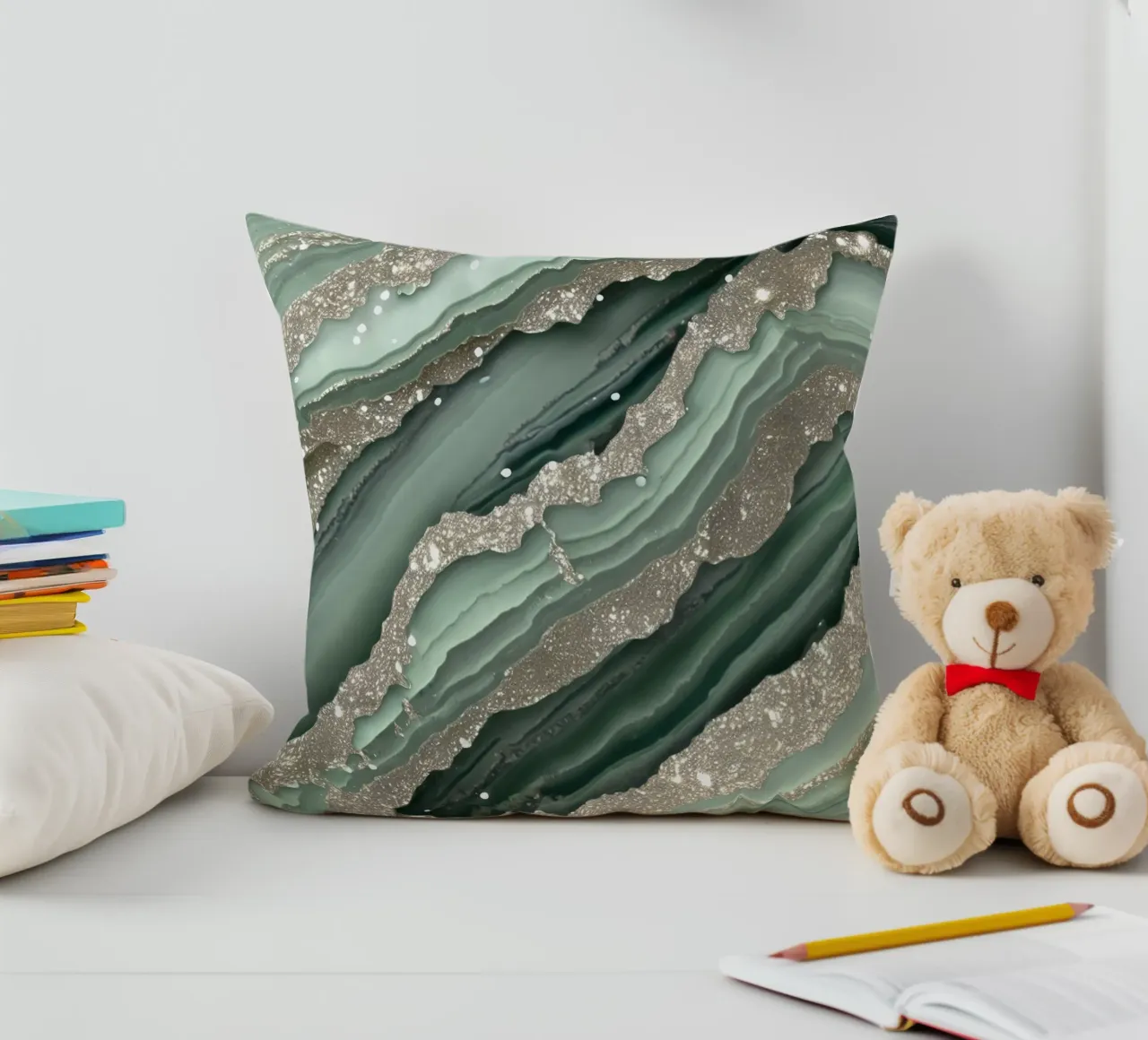 Glam Sage Green Agate Texture decorative cushion by Gemstone Textures