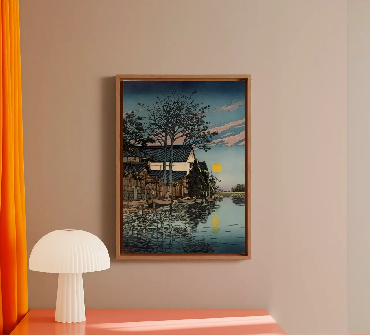 Ukiyo-e: Japans landschap op houtsnede, Avond bij Itako canvas met Baklijst van Aesthetic Muse