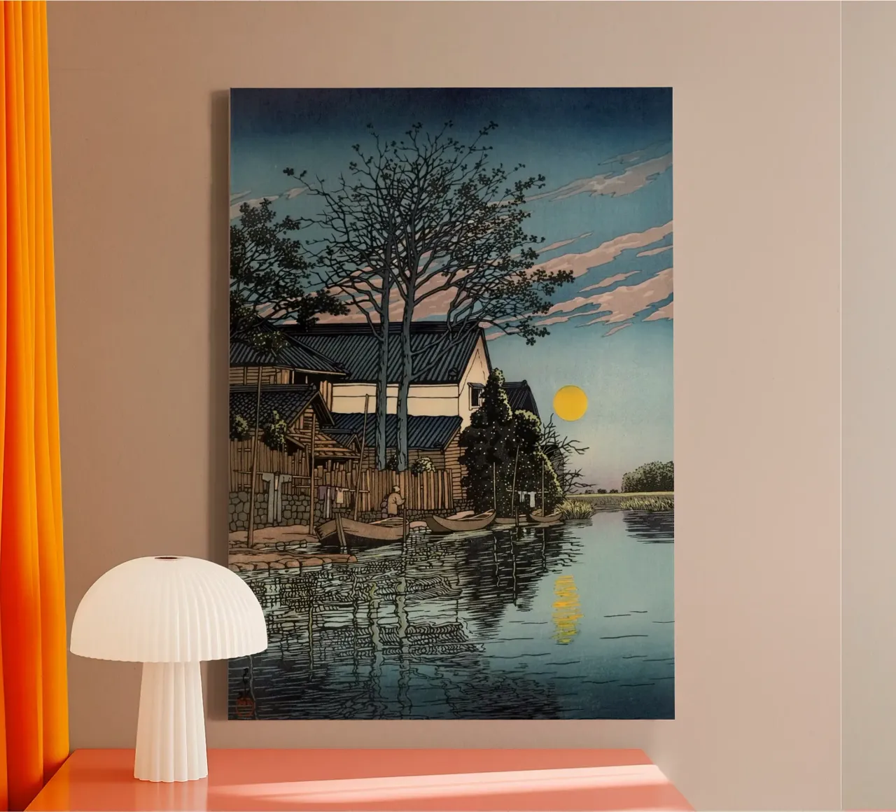 Ukiyo-e: Japans landschap op houtsnede, Avond bij Itako canvas met Baklijst van Aesthetic Muse