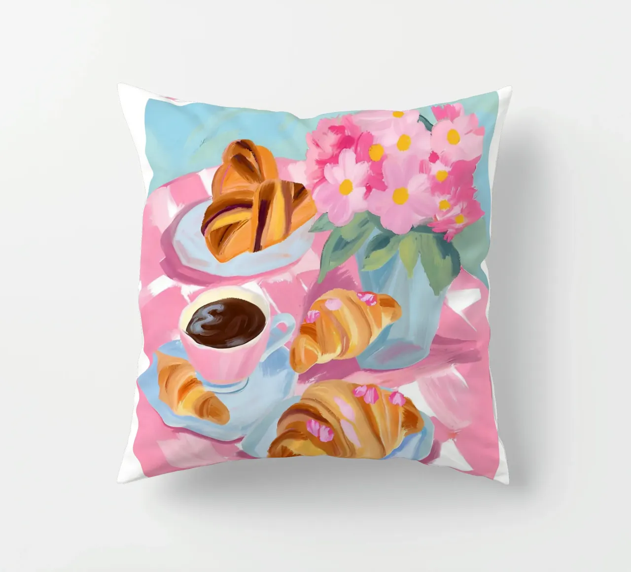Amalfi Coast Poster, Croissants and Espresso Breakfast Print decorative cushion by Bella Studio