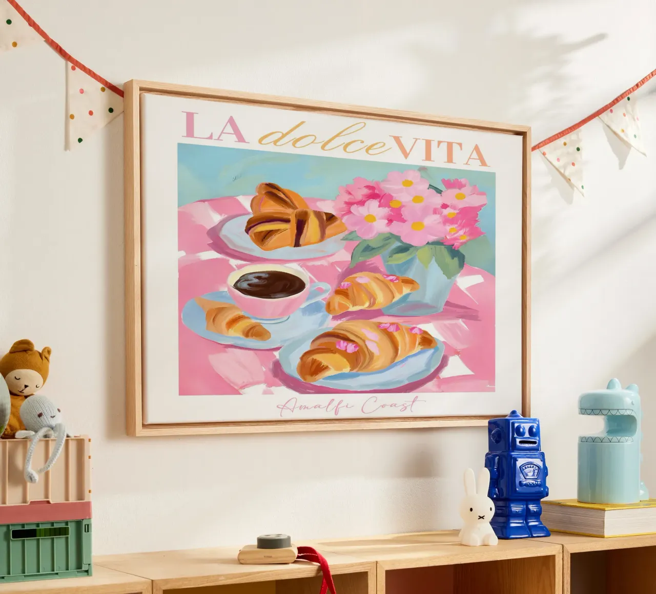 Amalfikust Poster, Croissants en Espresso Ontbijt Print canvas met Baklijst van Bella Studio