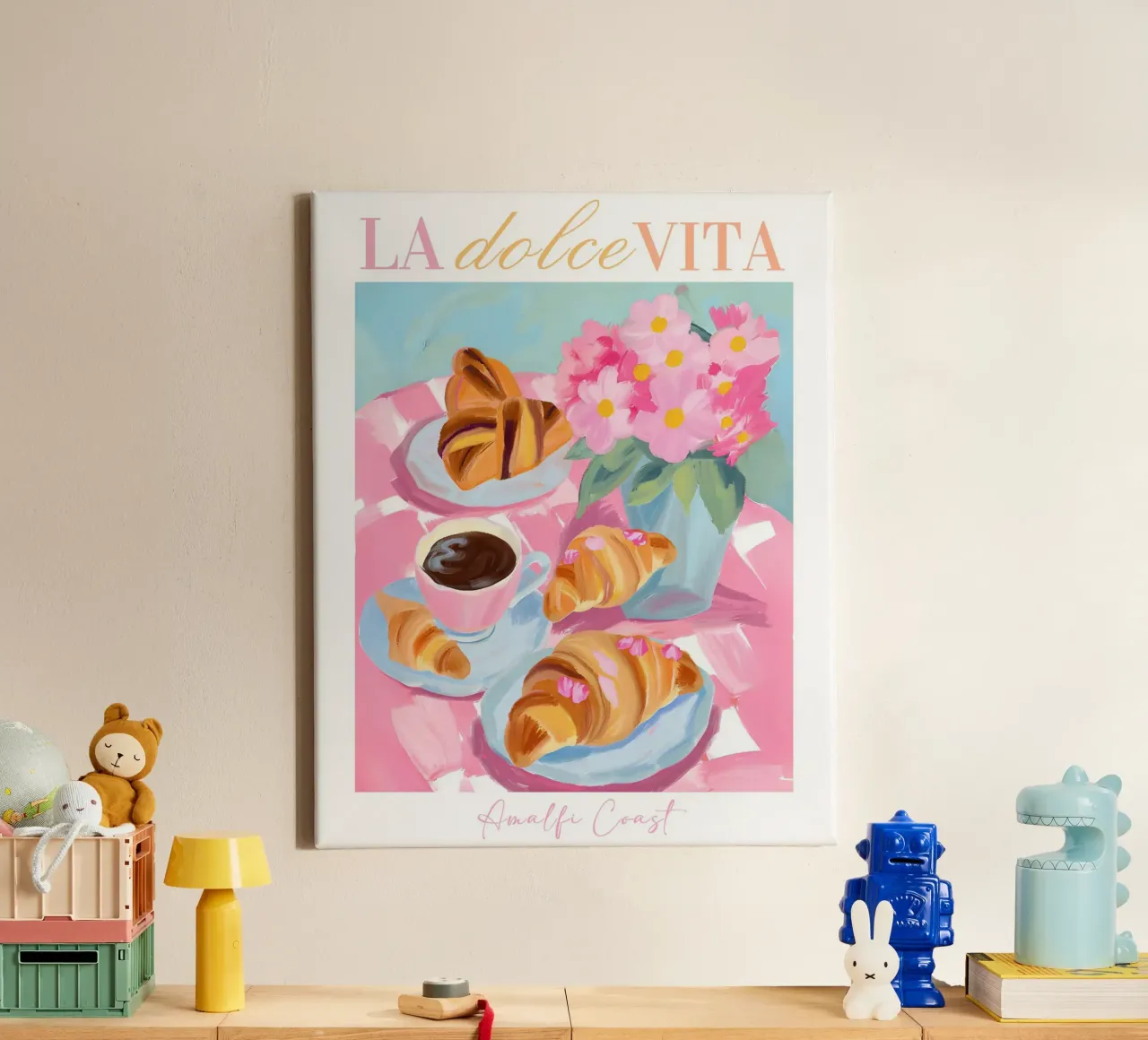 Amalfikust Poster, Croissants en Espresso Ontbijt Print canvas met Baklijst van Bella Studio