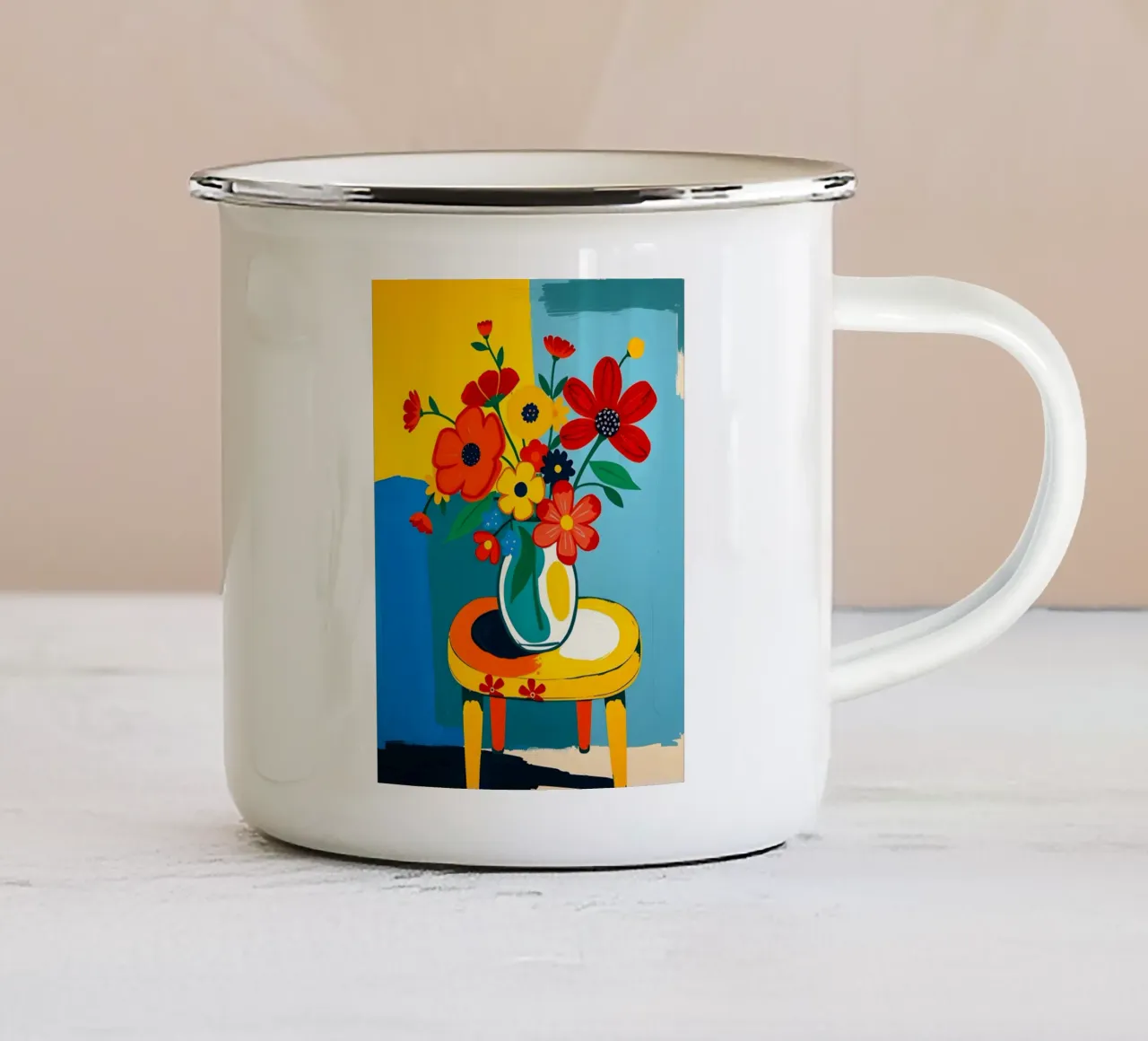 Fiori in una natura morta su un tavolo tazza in smalto da ARTOMATIC