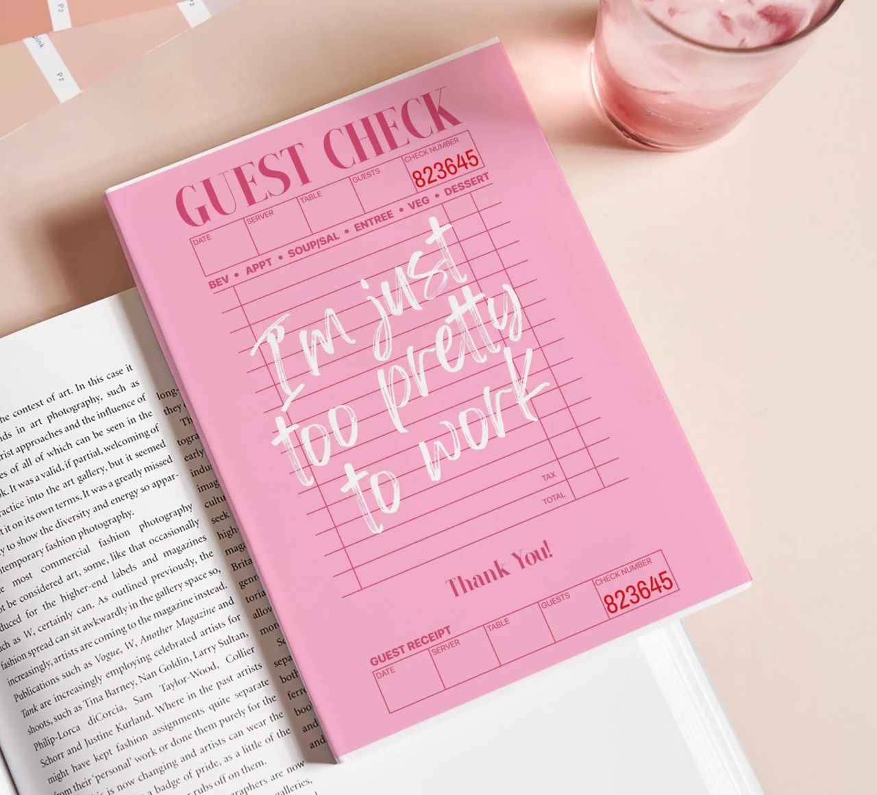 I'm just too pretty to work, Guest check poster, Retro Art notebook by Coquette Club