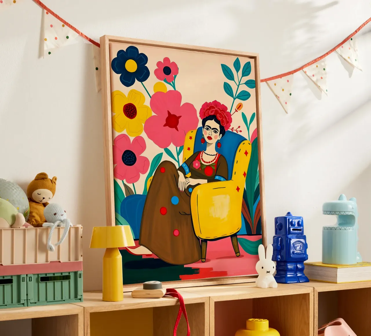 FRIDA KAHLO ZITTEND IN STOEL canvas met Baklijst van ARTOMATIC