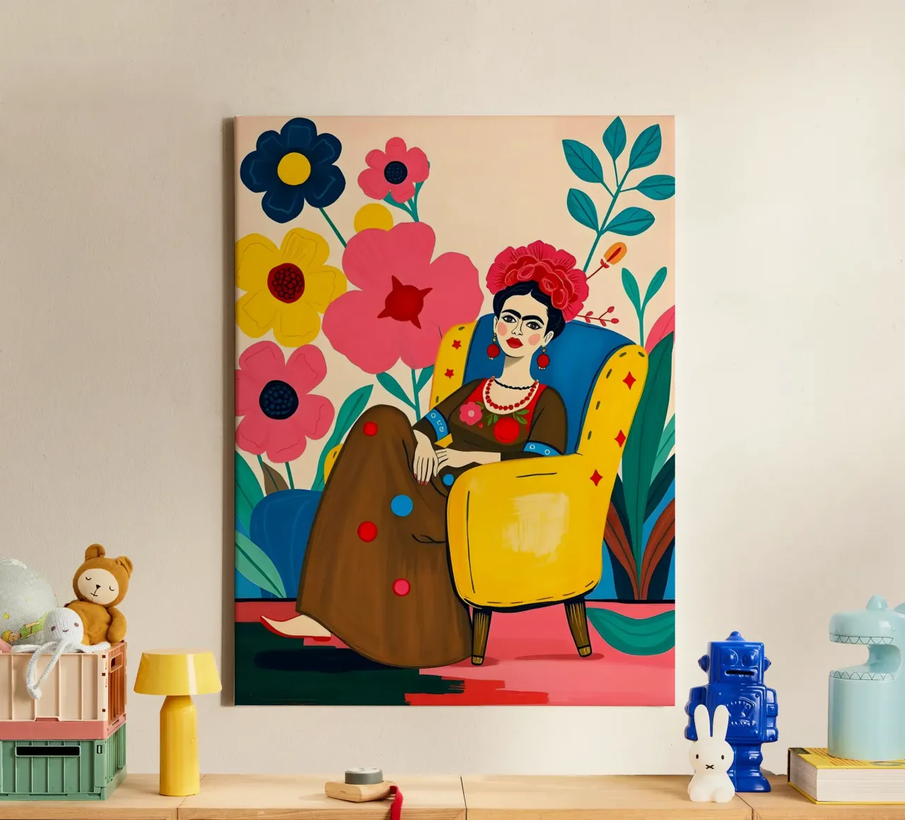 FRIDA KAHLO ZITTEND IN STOEL canvas met Baklijst van ARTOMATIC
