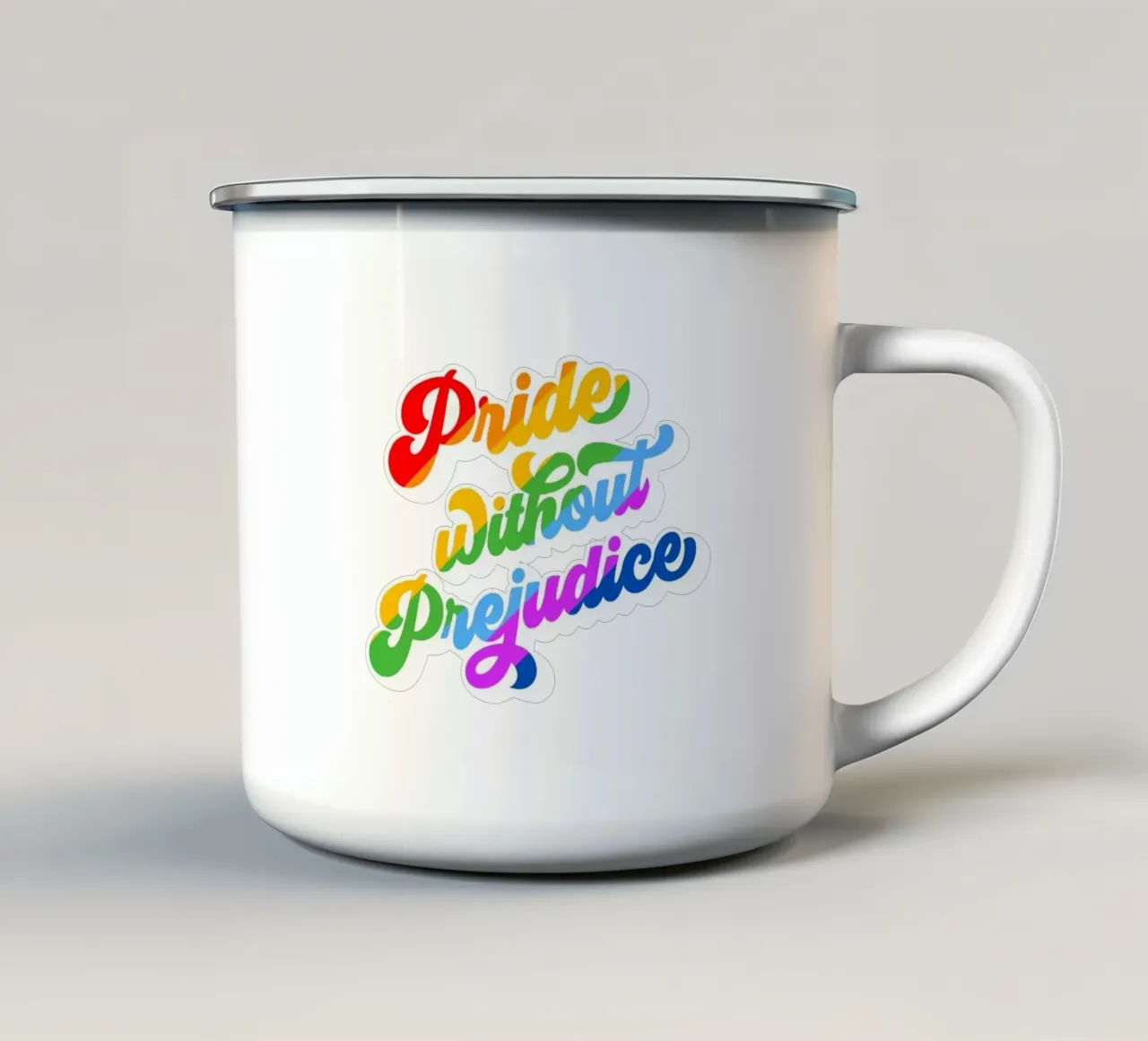 Orgoglio senza pregiudizio - Tipografia arcobaleno retrò tazza in smalto da Dominique Vari Words