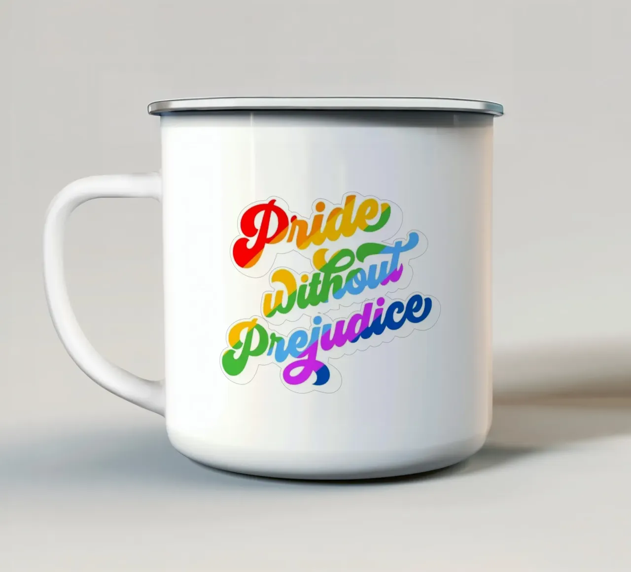 Orgoglio senza pregiudizio - Tipografia arcobaleno retrò tazza in smalto da Dominique Vari Words