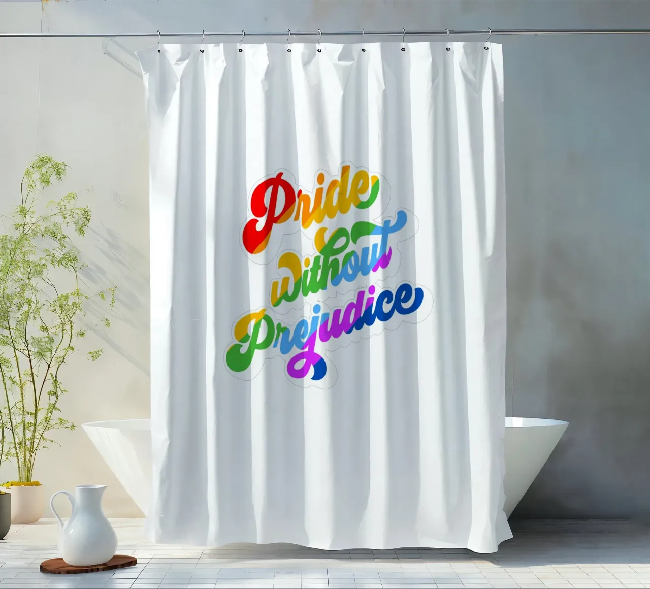 Orgoglio senza pregiudizio - Tipografia arcobaleno retrò tenda da doccia da Dominique Vari Words