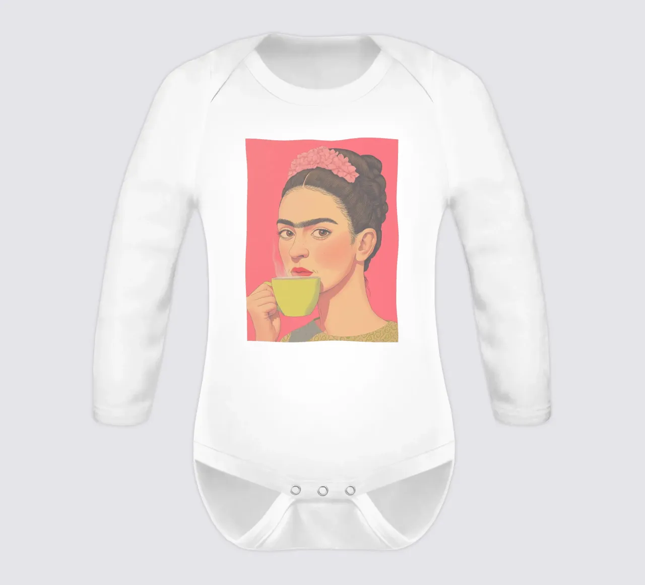 🌸 Frida y el café - Estética femenina rosa Impresión de arte body de manga larga de Kaji