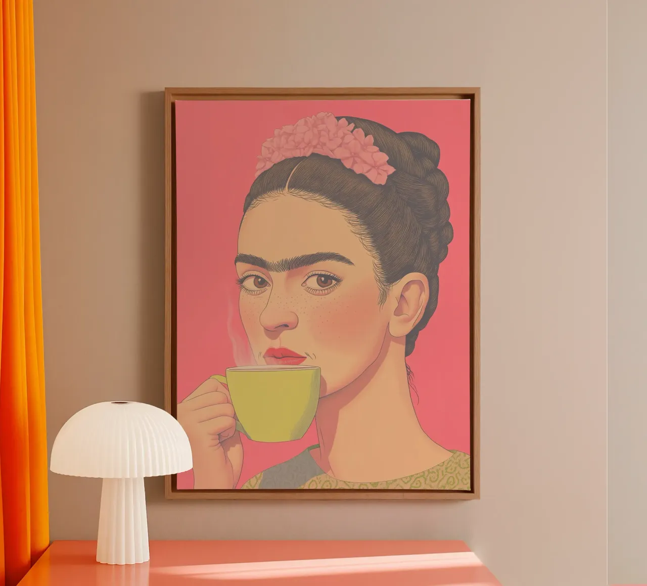 🌸 Frida e caffè - Stampa d'arte estetica femminile rosa tela con Cornice a cassetta da Kaji