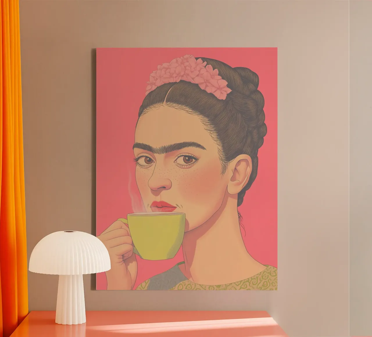 🌸 Frida e caffè - Stampa d'arte estetica femminile rosa tela con Cornice a cassetta da Kaji