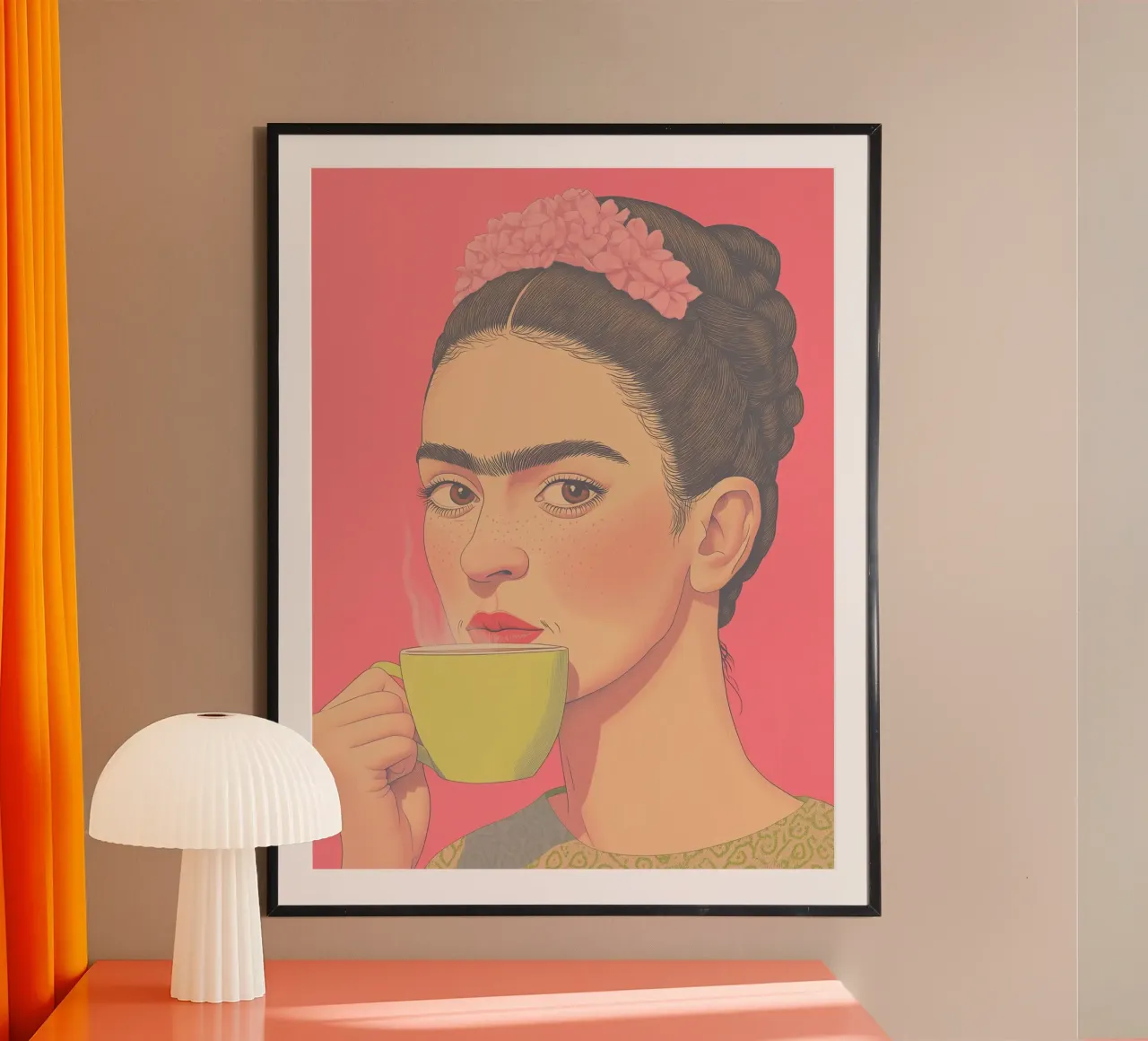 🌸 Frida & Kaffee - Feminine Rosa Ästhetik Kunstdruck Poster von Kaji