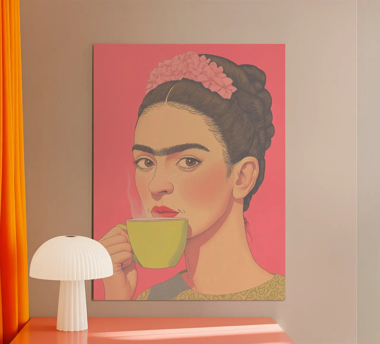 🌸 Frida & Kaffee - Feminine Rosa Ästhetik Kunstdruck Poster von Kaji