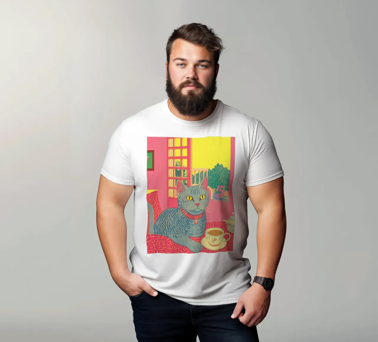 🎨 Van Gogh Cat & Coffee – Quirky Surreal Art Print t-shirt by Kaji