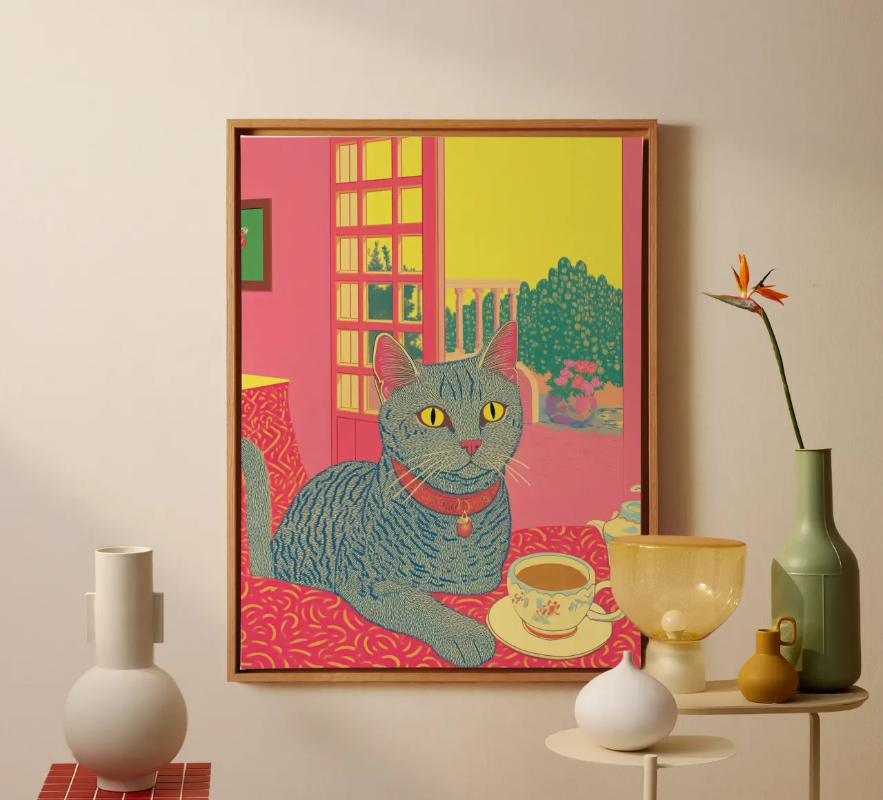 🎨 Van Gogh Cat & Coffee – Quirky Surreal Art Print canvas with Floater frame by Kaji
