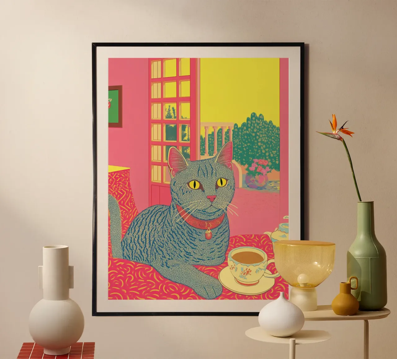 🎨 Van Gogh Katze & Kaffee - Skurriler surrealer Kunstdruck Hahnemühle von Kaji