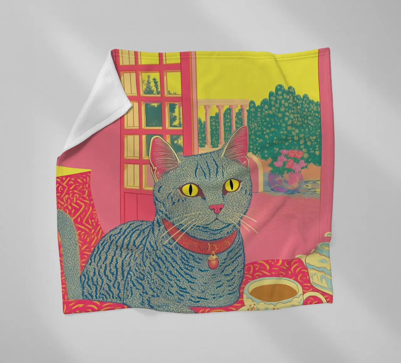 🎨 Van Gogh Cat & Coffee – Quirky Surreal Art Print fleece blanket by Kaji
