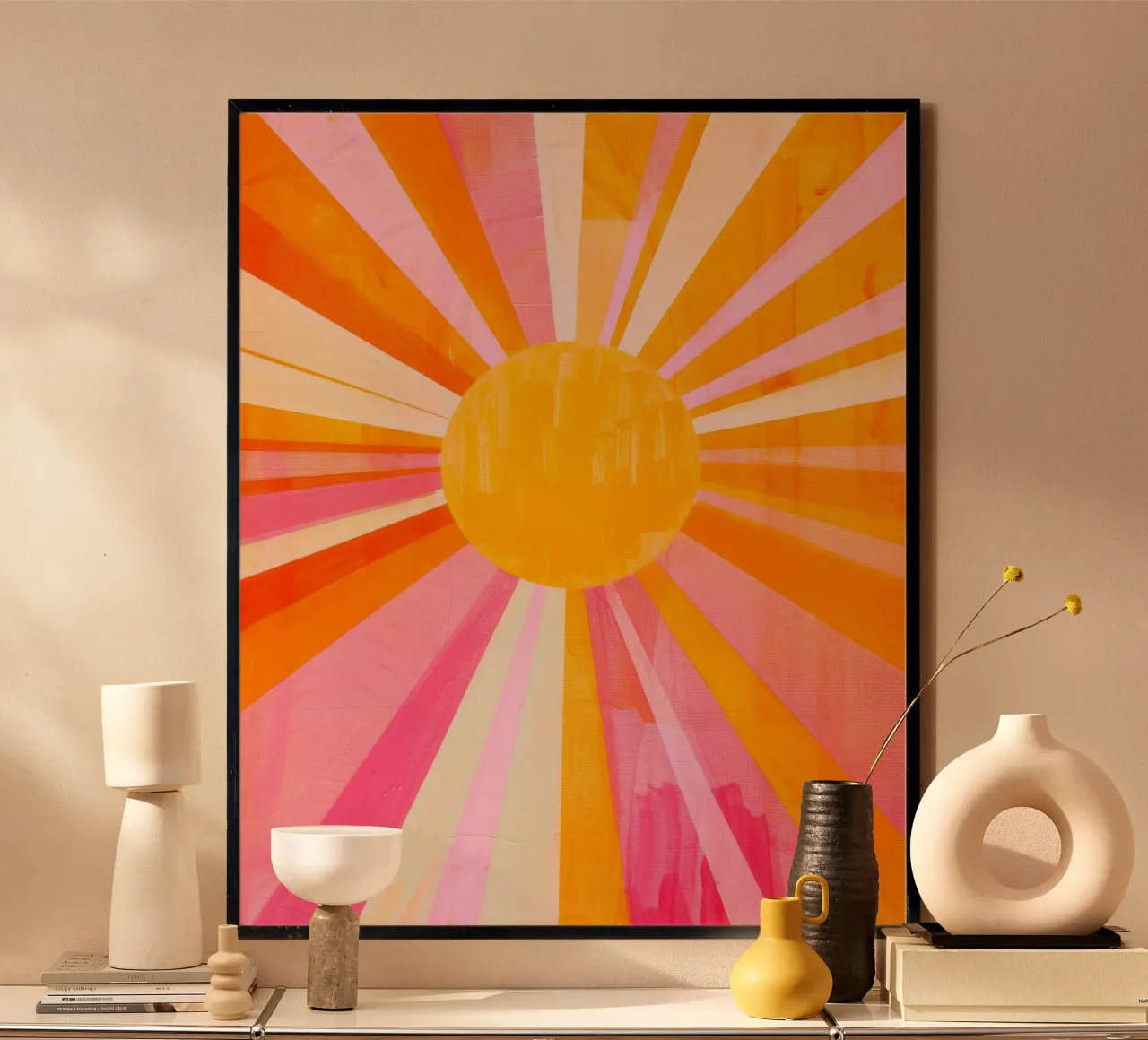 Poster solare Boho, arte astratta vibrante, poster colorato e audace poster con telaio in legno da ArtHaus