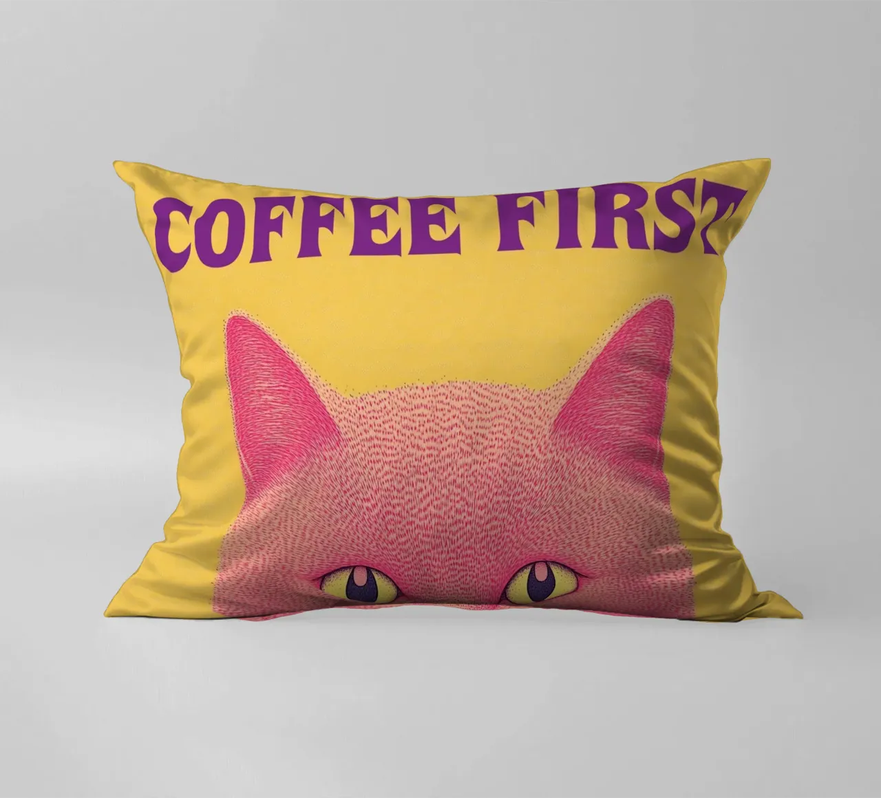 🐱☕ Coffee First – Funny Cat & Coffee Wall Art Print decorative cushion by Kaji
