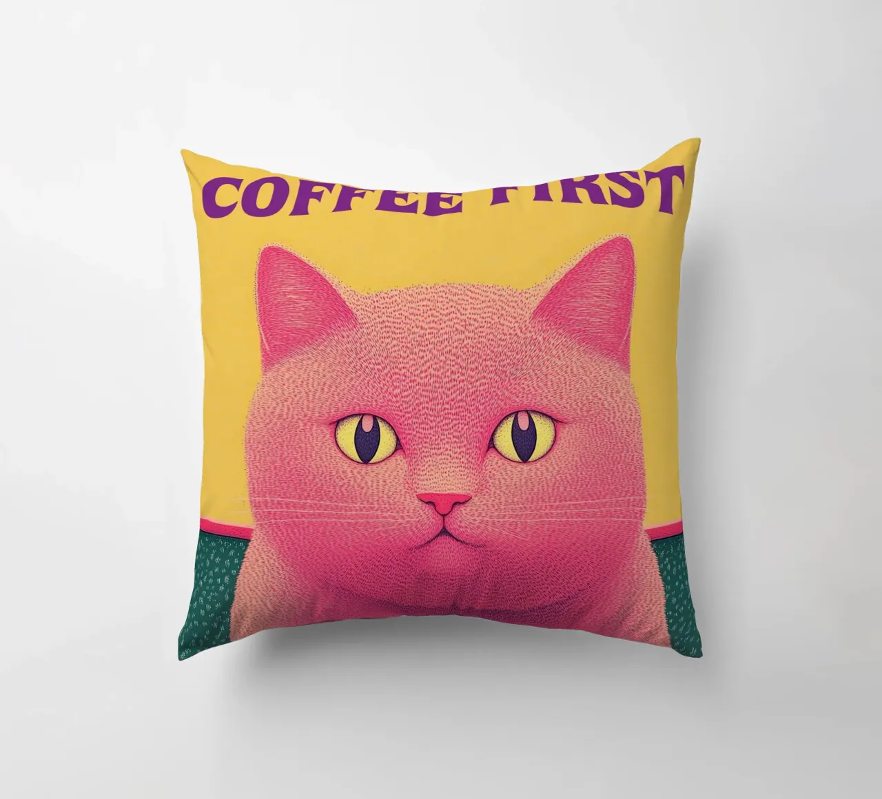 🐱☕ Coffee First – Funny Cat & Coffee Wall Art Print decorative cushion by Kaji