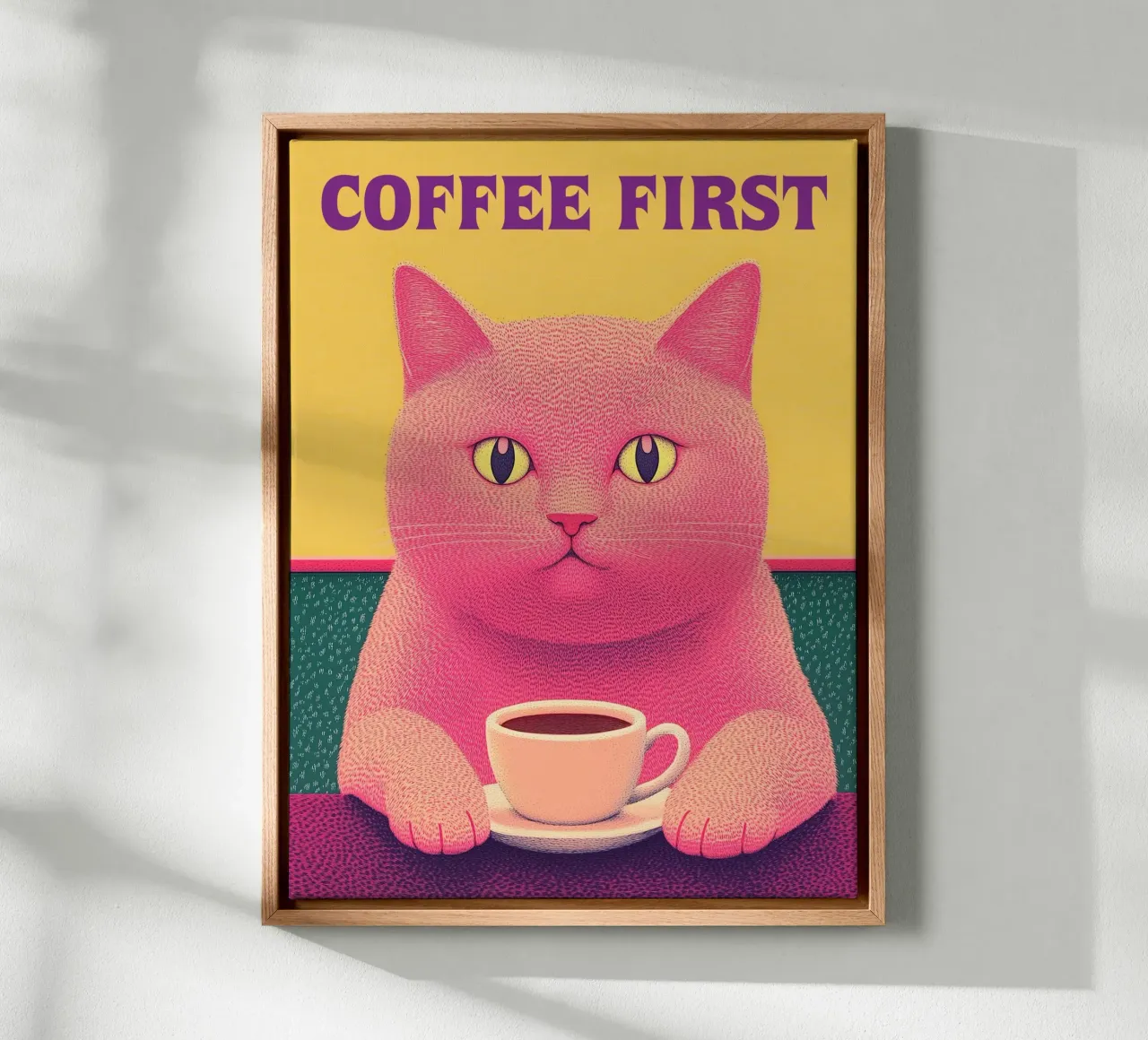🐱☕ Il caffè prima di tutto - Stampa murale divertente su gatti e caffè tela con Cornice a cassetta da Kaji